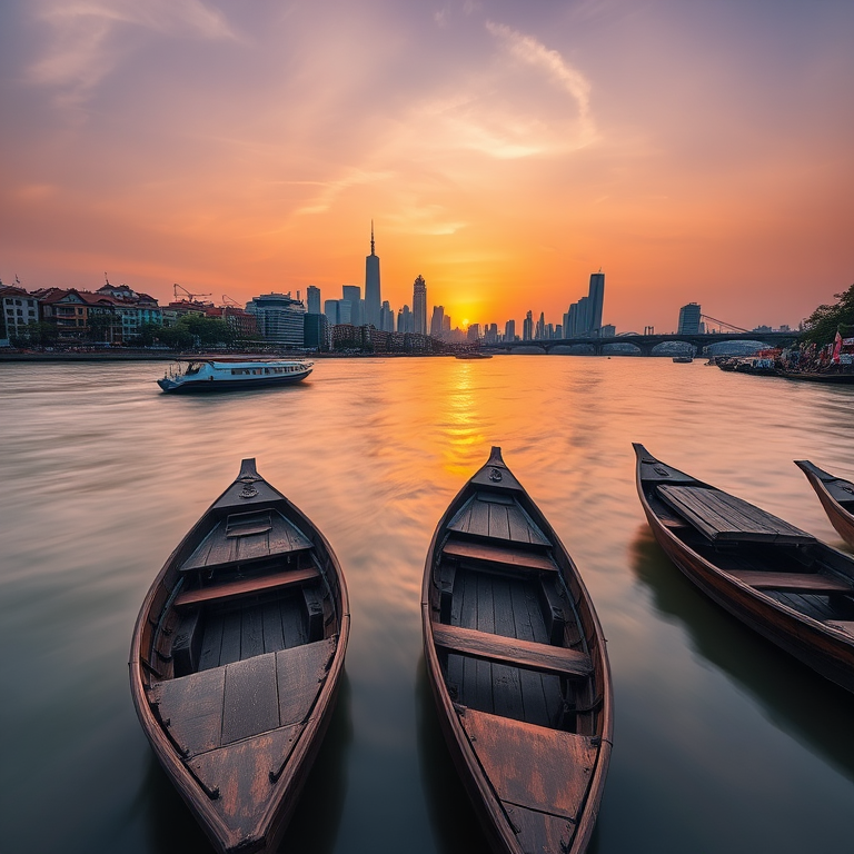 capture a serene sunset over a river with traditional wooden boats in the foreground, vibrant city skyline in the background, soft golden and purple hues in the sky, long exposure effect for smooth water texture, ISO 100, f/11, 30 seconds exposure, wide-angle lens at 18mm, tripod stabilization