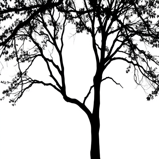 Generate an image of a minimalist black silhouette of a tree against a white background, captured with a Canon EOS R5, 50mm lens, f/1.8 aperture, ISO 100, natural light, taken from a low angle perspective for a dramatic effect.