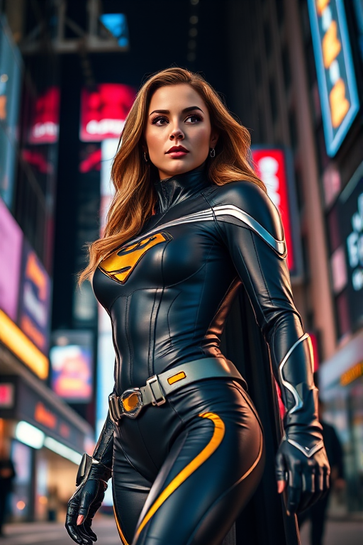 Create an image of a female superhero in a city at night, wearing a sleek, modern costume featuring a prominent logo, with dramatic lighting and reflections from surrounding neon signs, captured with a Canon EOS R5, 50mm lens, f/1.8 aperture, ISO 200, low angle view, high saturation and sharp focus.