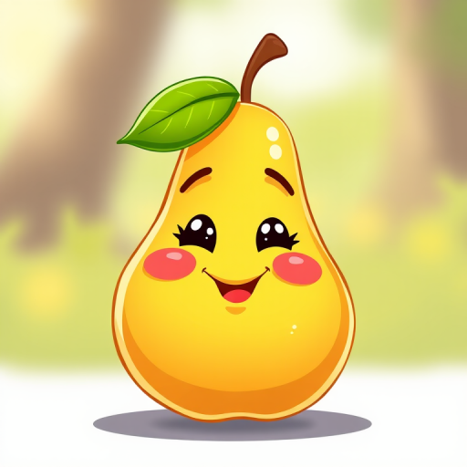 Create a playful cartoon illustration of a smiling pear with a green leaf on top, vibrant colors, high resolution, 300 DPI, front view, digital painting style, using a Canon EOS R5 with a 50mm lens at f/1.8 for a soft background blur.