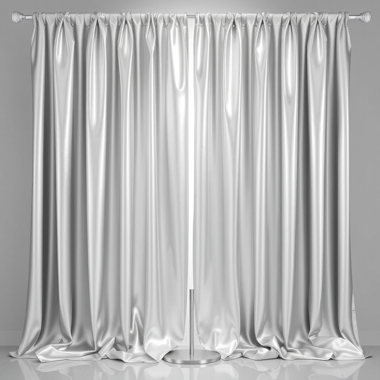 create a realistic silver curtain draped elegantly on a simple stand with a glossy texture and soft lighting