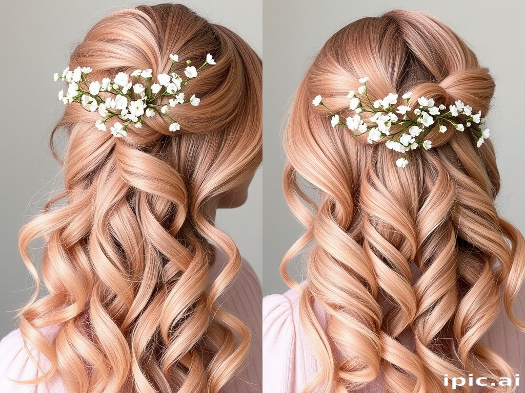 Soft rose gold tresses styled in romantic, cascading ringlets with delicate baby's breath flowers woven throughout, embodying the dreamy "Blush Blossom" aesthetic