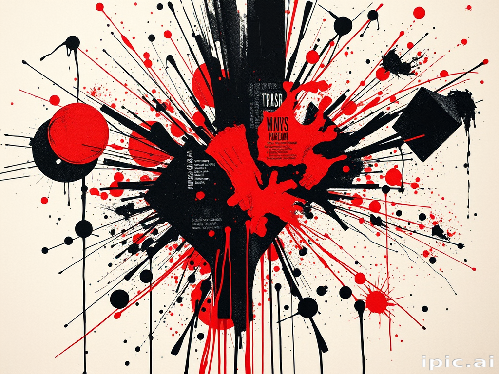 Dramatic trash polka style tattoo dubbed "Chaos and Order" combining bold geometric shapes and abstract splatters in stark black and vibrant red ink creating a powerful visual contrast between structured and chaotic elements text fragments and photorealistic elements add depth and complexity to the dynamic composition