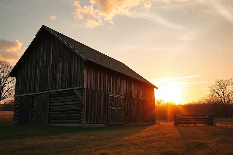 Create a high-resolution image of a rustic wooden barn at sunset with the sun partially setting behind it, captured with a DSLR camera at f/8, ISO 100, 1/200s, using a wide-angle lens from a low angle to emphasize the foreground and warm hues in the sky.