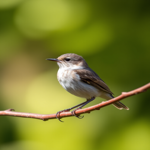 Capture a close-up of a small bird perched on a slender branch, using a Canon EF 100-400mm f/4.5-5.6L IS II USM lens, aperture set to f/5.6, ISO 400, shutter speed 1/200s, with a blurred background to emphasize the bird in a natural setting.
