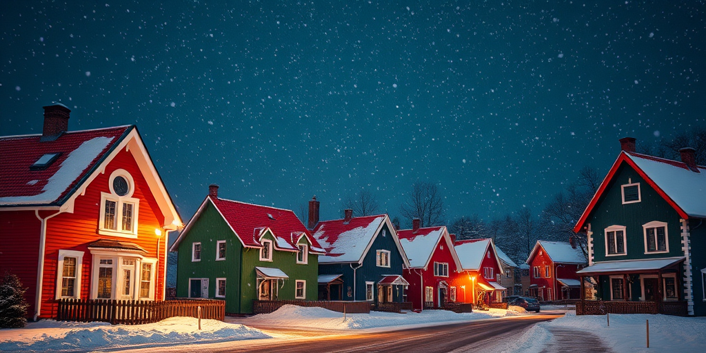 generate a cozy winter scene of colorful houses with red roofs, snowflakes falling gently in a night sky, shot in a digital format using a DSLR camera with a 35mm lens, aperture set to f/8, ISO 200, and a shutter speed of 1/100 seconds for optimal clarity and depth.