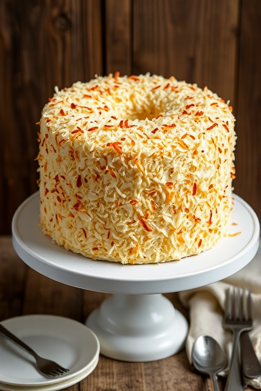 A tall round coconut cake covered in toasted coconut flakes on a white cake stand with a rustic wooden background and a plate with utensils nearby.