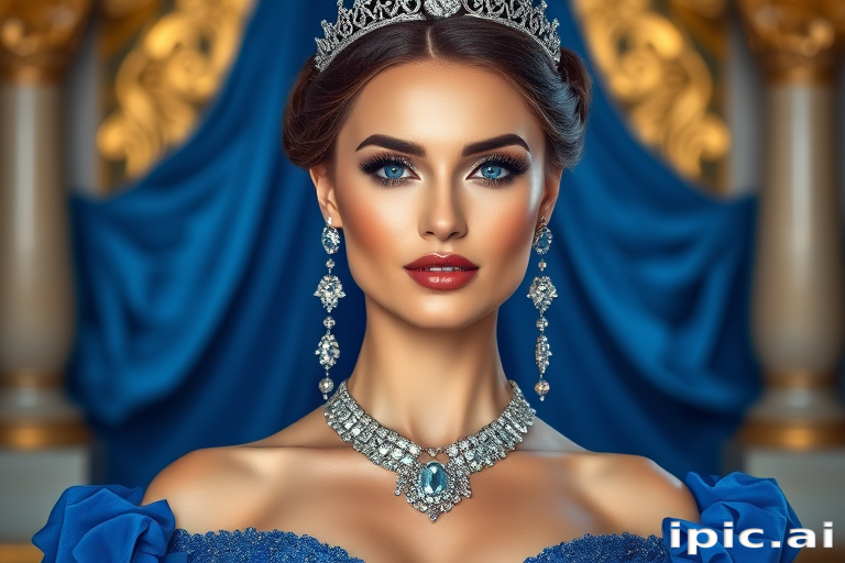 A gorgeous woman in a luxurious blue gown, accessorized with a dazzling tiara and statement earrings, her deep blue eyes highlighted by impeccable makeup, poised in a royal setting, photorealistic, 8K quality