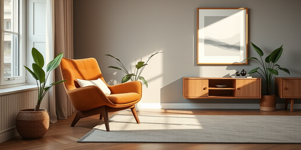 modern living room interior design with a cozy brown armchair, potted plant, minimalist art on the wall, soft lighting, high-resolution, 50mm lens, f/1.8 aperture, ISO 100, natural light, soft focus, wide-angle view
