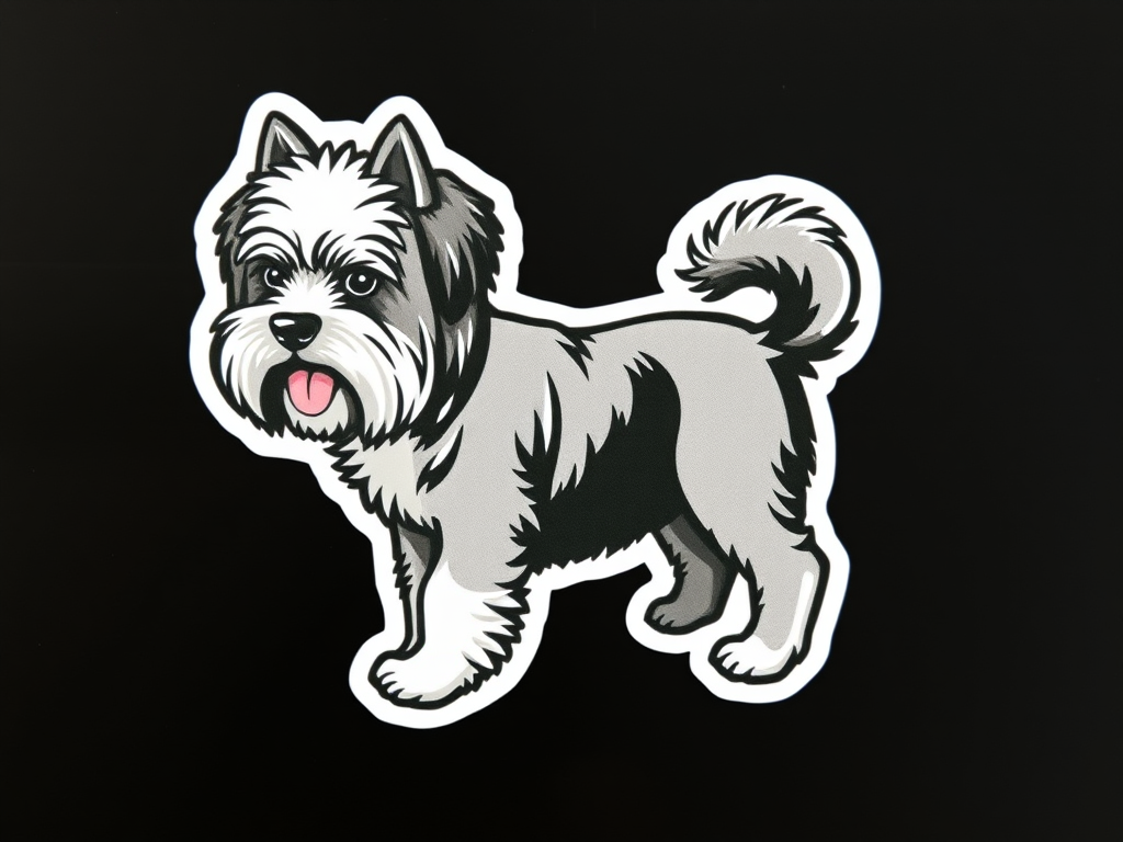 this image is sticker, 3D black and white peekapoo dog breed, black background