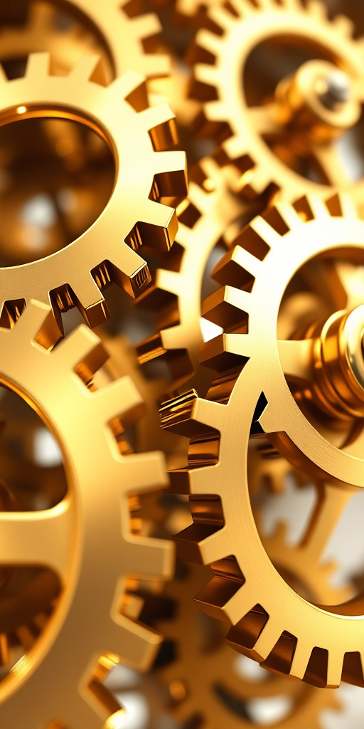 high-quality 3D render of interconnected metallic gears with a shiny gold finish and reflections, soft lighting, focus on depth of field, camera angle from a low perspective, aperture f/8, ISO 100, shutter speed 1/125 sec, DSLR camera