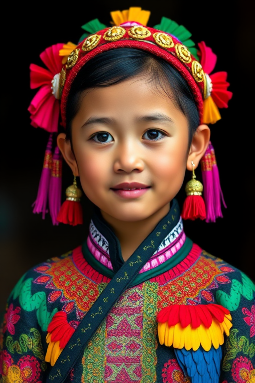 A beautiful Miao girl, wearing colorful bird clothing with vibrant colors
