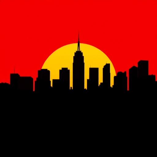 Create a high-resolution silhouette of a city skyline against a gradient red background, using a DSLR camera with an aperture of f/8, shutter speed of 1/60s, ISO 100, shot from a wide-angle lens at a 24mm focal length for enhanced depth and clarity.