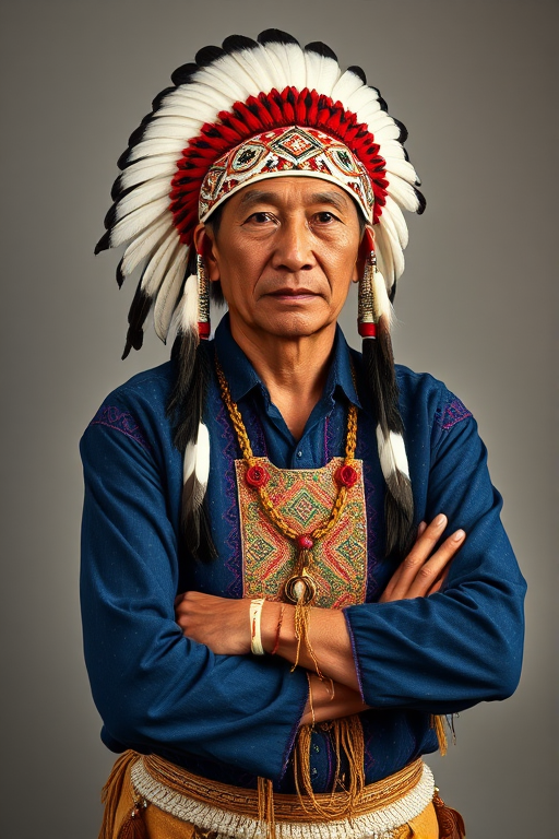 Create a dignified portrait of a Native American man dressed in traditional attire. He wears a beautifully crafted headdress adorned with white feathers and red beads, along with a beaded headband featuring intricate patterns. His clothing includes a deep blue, patterned shirt and a traditional chest piece with detailed beadwork. His arms are crossed, displaying leather armbands decorated with feathers. The background is simple and neutral, emphasizing his proud and stoic expression. The overall image captures the rich cultural heritage and strength of his persona.