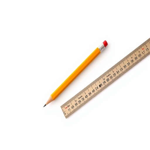 create a high-resolution illustration of a pencil and ruler positioned diagonally, using a Canon EOS R5 with a 50mm lens at f/2.8, 1/200 sec shutter speed, ISO 100, with soft lighting and a clean white background to enhance colors and details