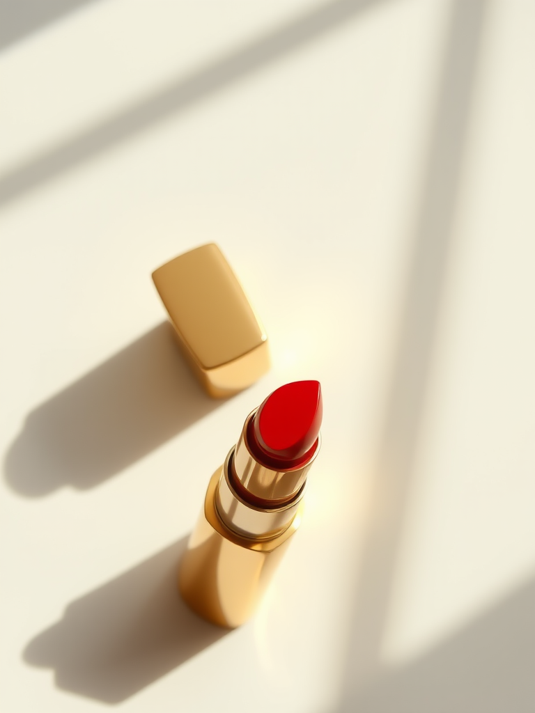 lipstick in a sleek gold tube with a vibrant red hue, placed on a soft white surface, natural light casting a gentle shadow, taken with a Canon EOS R5, 50mm lens, f/2.8, ISO 100, top-down view, high detail, vibrant color saturation