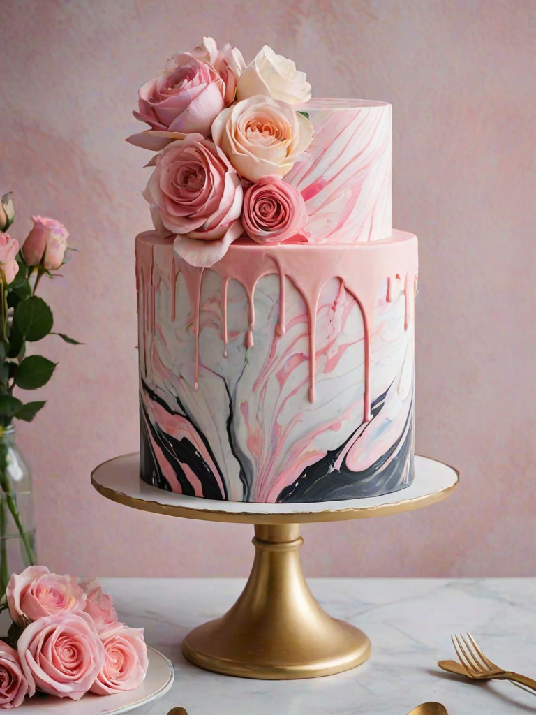 Create an artistic cake design featuring a tall, round cake with a smooth pink and white marbled effect. The cake should have splashes of black paint for a modern touch. At the top, add an arrangement of delicate, pastel-colored flowers, including roses and other soft blooms, to enhance its elegance. The background should be simple and bright to highlight the cake's vibrant colors.
