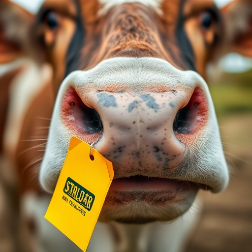 Close-up shot of a cow's nose with a yellow tag in its mouth, capturing texture and details, aperture f/2.8, ISO 200, shutter speed 1/200s, 50mm lens, natural lighting, DSLR camera.