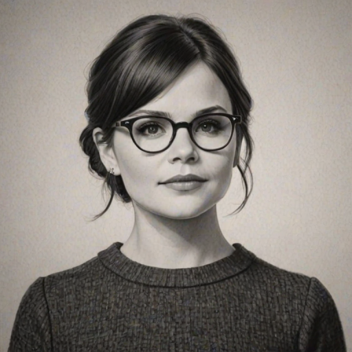 Comely Ginnifer Goodwin, pencil sketch, portrait of Resplendent woman 1964s in glasses, hair style beatnik, outline, clear lines, fine lines, 8k