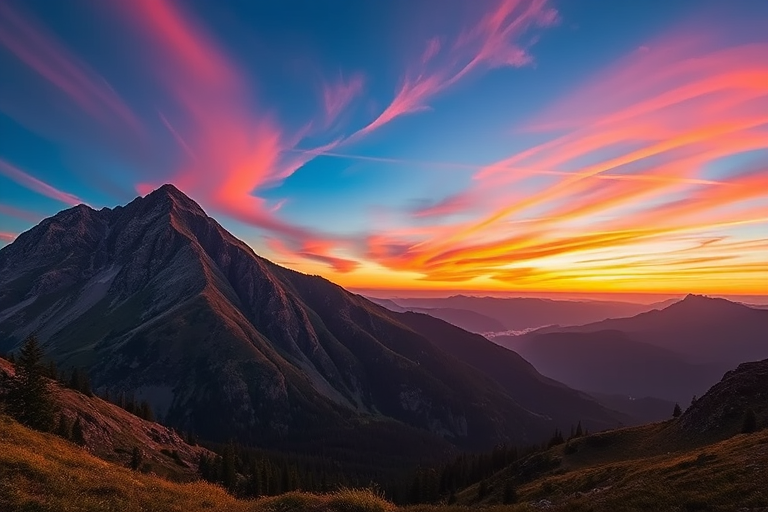 Create a high-resolution image of a serene mountain landscape at sunrise with vibrant colors, use a wide-angle lens, f/11 aperture, ISO 100, 1/250 sec shutter speed, captured with a digital DSLR camera for enhanced clarity and detail.