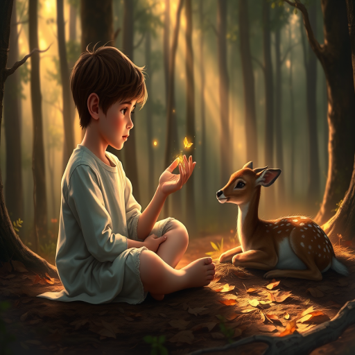 A luminous digital painting of a serene forest scene featuring a barefoot young boy, about 7 years old, with brown hair and fair skin, dressed in a simple white outfit. He sits cross-legged on the forest floor, gazing at a small, glowing, magical firefly in his hand. Beside him, a delicate spotted deer lies calmly on a bed of dried leaves, observing the scene. The dense forest is bathed in warm, golden light filtering through the trees, creating a peaceful, magical atmosphere with a blend of natural and mystical elements.