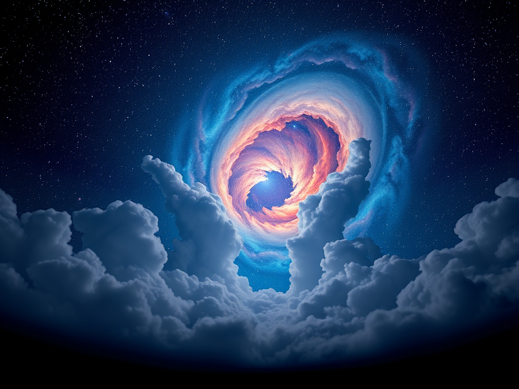 create a surreal image of a cosmic tunnel emerging from storm clouds in a starry night sky with vibrant colors and swirling galaxies, captured with a Canon EOS R5, 24mm lens, f/2.8 aperture, ISO 1600, at night with a wide-angle view to enhance depth and clarity.