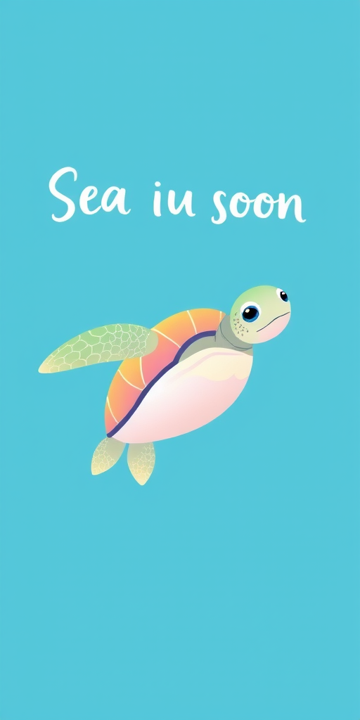 Create an illustration of a sea turtle with pastel gradient colors in a playful style, featuring the text "Sea you soon" in a bold font, captured with a DSLR camera, 50mm lens, f/2.8 aperture, 1/250 shutter speed, and natural lighting.