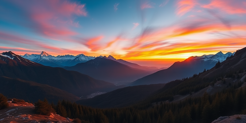 Create a high-resolution image of a serene mountain landscape during sunrise with vibrant colors, using a DSLR camera, 50mm lens, f/1.8 aperture, ISO 100, and a shutter speed of 1/250s, shot from a wide-angle view to capture the panoramic scene.