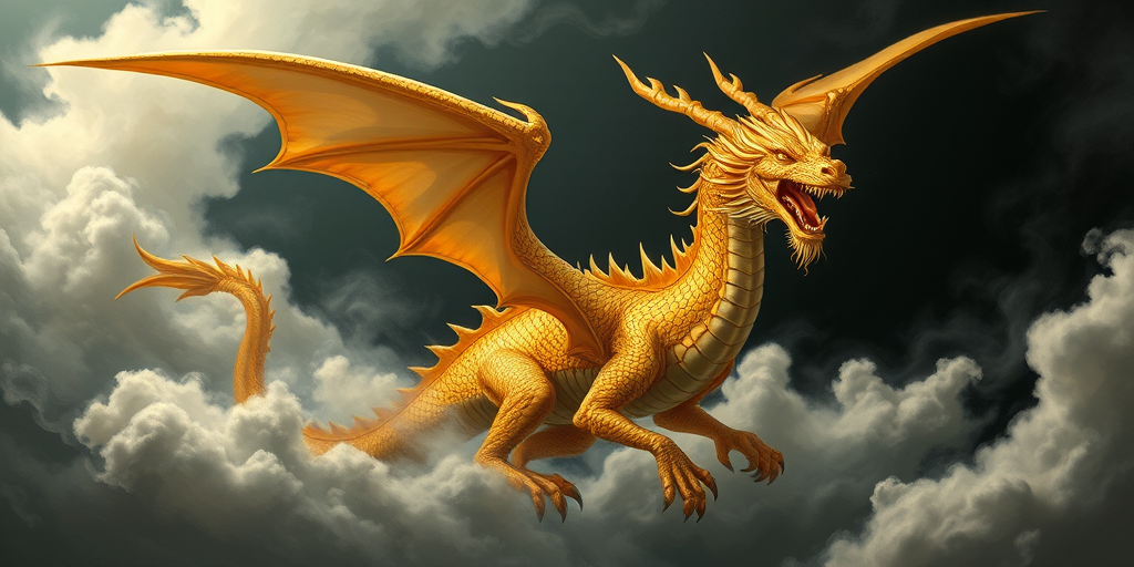 a majestic golden dragon soaring through swirling clouds, surrounded by ethereal mist and a dark background, intricate details in its scales and fiery expression, capturing a sense of movement and power