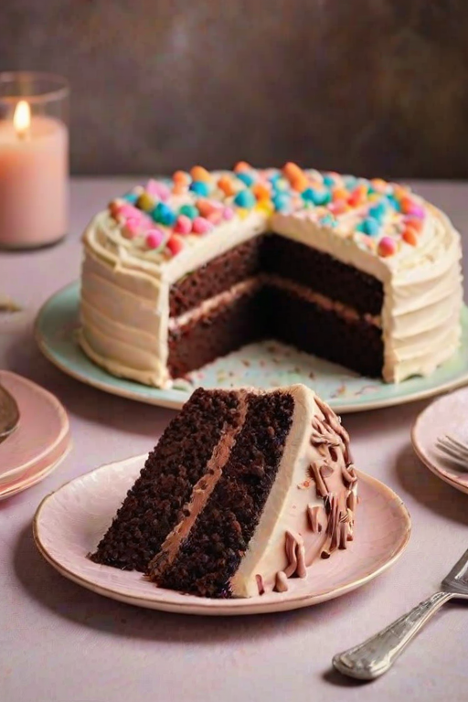 Create an image of a beautifully decorated chocolate cake with creamy frosting, placed on a pastel-colored plate. Include a slice of the cake on a separate plate next to it. The background should have a soft, warm color palette to enhance the inviting atmosphere.