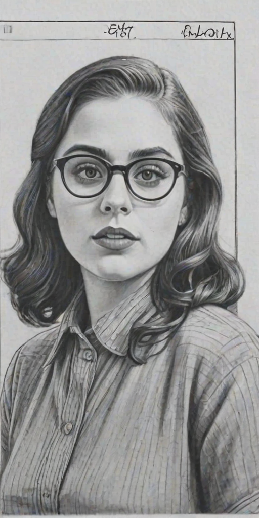 Radiant Beanie Feldstein, pencil sketch, portrait of Enticing woman 1935s in glasses, hair style beatnik, outline, clear lines, fine lines, 8k