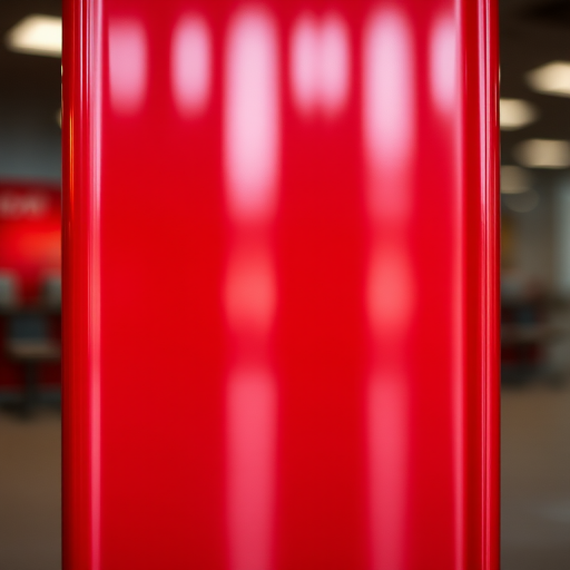 Create a high-resolution image of a vertical red panel with a shiny reflective surface, captured with a Canon EOS 5D Mark IV, using a 50mm lens at f/1.8, ISO 100, with a soft focus background to enhance clarity and depth.