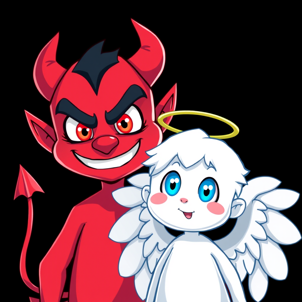 Create a vibrant cartoon-style image of a red devil character with a mischievous smile and red eyes, alongside a white angel character with blue eyes and wings, set against a black background; use a high-resolution camera, f/2.8 aperture, 50mm lens, and natural lighting for vibrant colors and sharp details.