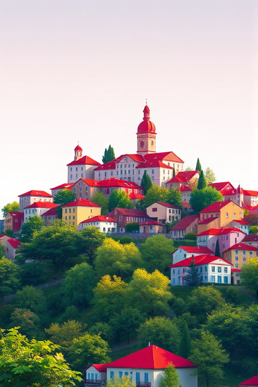 Generate a vibrant digital illustration of a stylized cityscape on a hill with red-roofed buildings, green trees, and a bright gradient background, captured with a Canon EOS 5D Mark IV, 50mm lens, f/8 aperture, ISO 100, and a wide-angle view for depth.