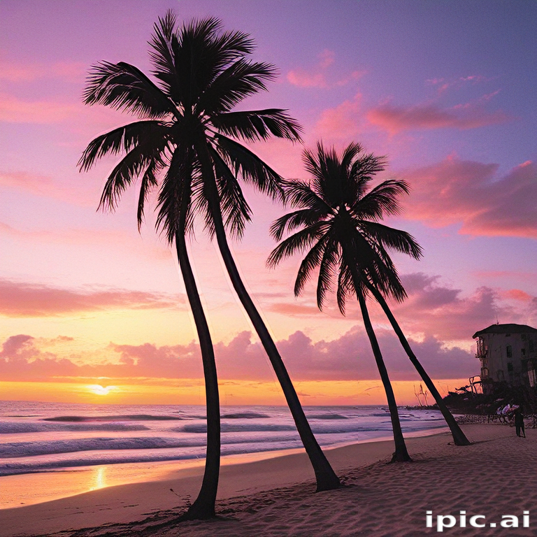 Serene Sunset Over the Beach with Silhouetted Palm Trees Against ...