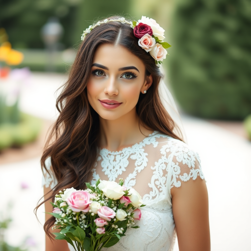 Garden scene, bridal model, delicate lace gown, floral headpiece, soft romantic focus, high-key lighting and an 85mm lens for soft, even tones that highlight the model’s face and bright outfit against a white or light background