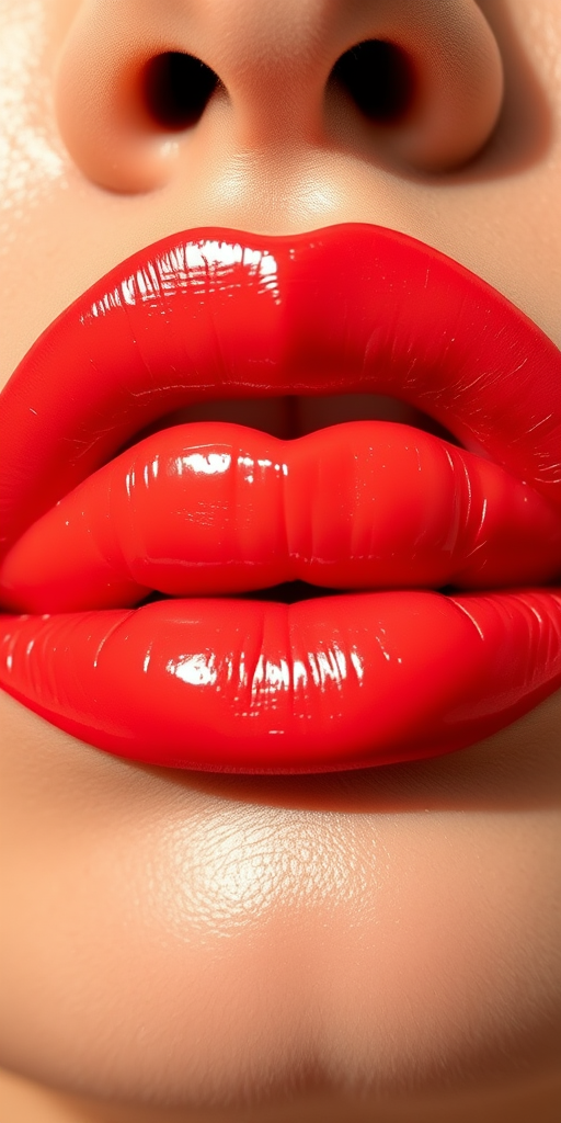 Vibrant coral-red lips with a glossy finish, showcasing a plump and full appearance, expertly lined for a perfect shape, reflecting light for a luscious and inviting look