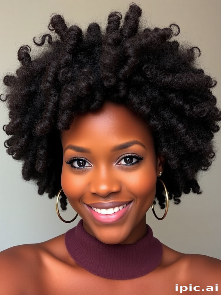 Luscious chocolate brown curls styled in a voluminous afro, celebrating natural texture and embracing the beauty of kinky coils in the empowering "Crown of Glory" look