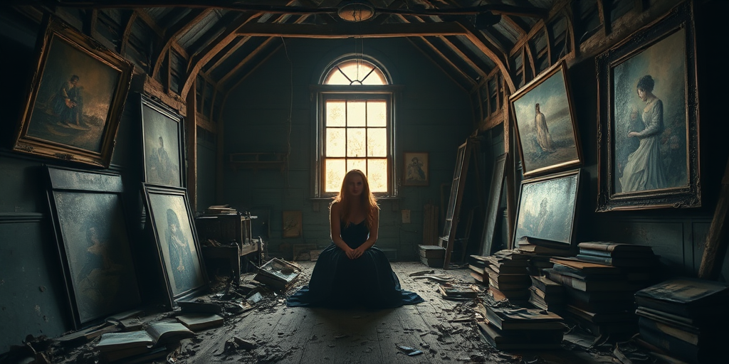 Capture a haunting scene of a woman dressed in tattered dark clothing sitting in an abandoned attic filled with old paintings and scattered books, with soft golden light streaming through a large window, shot with a Canon EOS R5, 35mm lens, aperture f/1.8, ISO 200, shutter speed 1/60 sec, in a moody cinematic style.