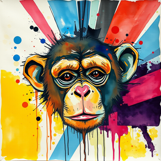 abstract watercolor painting with bold and deep brushstrokes. Thick impasto paint used. Dripping effect. Image breaking up into rectanguls shapes. Paint cracking. just a  smal;l pair of monkey's eyes starting to appear in the middle. The eyes are crying.  Coloured paint splattered around the edges. Geometric lines in background. swirly effect. peeling paint effect. raised rectangles. Dinghy Cream Look edge added in Topaz.