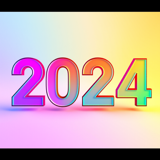 Create a vibrant digital illustration of the numbers 2024 with a rainbow gradient effect, set against a soft pastel background, using a Canon EOS R5 with an 85mm f/1.2 lens, at ISO 100, f/1.2 aperture, and a 1/200s shutter speed for enhanced clarity and color pop, in a bright and cheerful style.