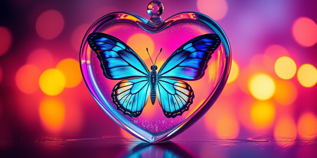 Create a surreal image of a glowing butterfly encased in a heart-shaped glass, with vibrant colors and ethereal lighting, using a DSLR camera with a 50mm lens, aperture set to f/1.8, ISO 200, and shot at a 45-degree angle to enhance depth and detail.