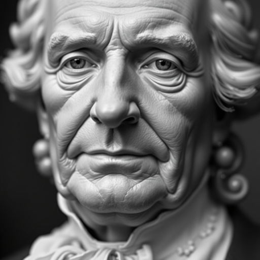 A detailed portrait of a historical figure with a serene expression, high contrast black and white, taken with a DSLR camera, 50mm lens, f/1.8 aperture, ISO 100, shallow depth of field, soft lighting to enhance facial features.