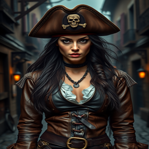 Create a portrait of a fierce female pirate. She wears a leather tricorn hat adorned with a skull and crossbones emblem, and her long, dark hair flows around her face. Her outfit consists of a richly detailed leather jacket, a corset, and multiple layers of belts and accessories, giving her a formidable and stylish appearance. She stands confidently in a dimly lit, historic port town, with a backdrop of weathered buildings and cobblestone streets, capturing the adventurous spirit of a pirate.