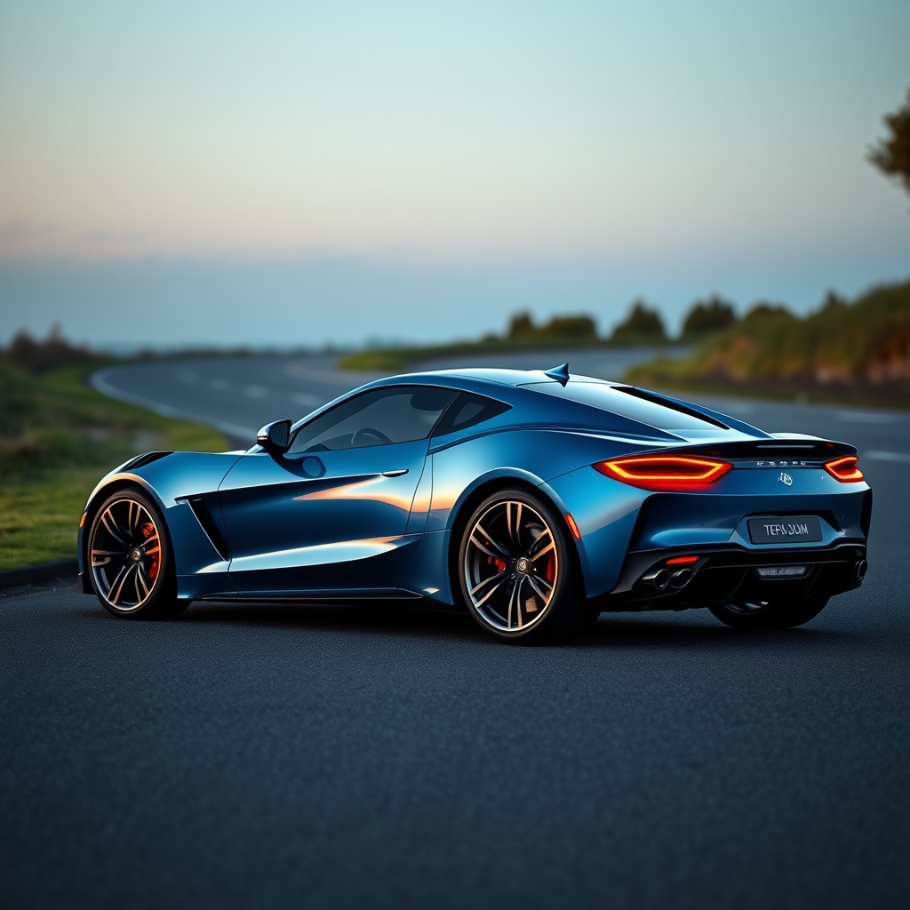 Generate an image of a luxury sports car parked on the side of a road during what appears to be dawn or dusk, given the soft light and shadows. The car should have a sleek design with aerodynamic features, a low-profile stance, and large, alloy wheels. It should display a contemporary color scheme, possibly a unique shade of blue that matches well with the ambient light in the setting. The vehicle's bodywork should gleam, reflecting the surrounding environment, and it should have distinctive lighting accents that enhance its sporty appearance. In the background, there should be a roadside with a grassy embankment on one side and possibly some trees or shrubbery along the edge of the pavement. The overall mood of the image should convey a sense of luxury, speed, and the tranquility of an early morning or late evening drive.