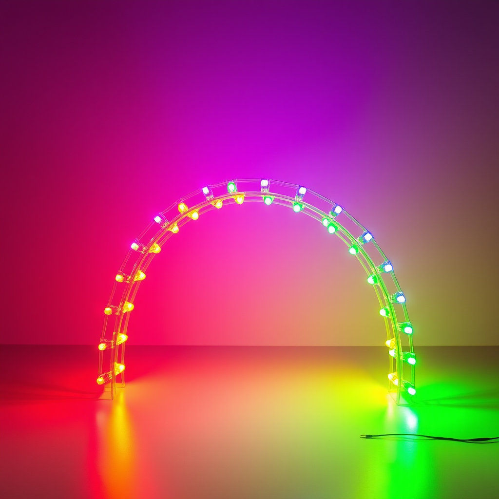 generate an image of a colorful rainbow formed by LED lights arranged in an arch, using a DSLR camera with a 50mm lens, aperture set to f/2.8, ISO 100, and a wide-angle view to capture the vibrancy and detail of the colors