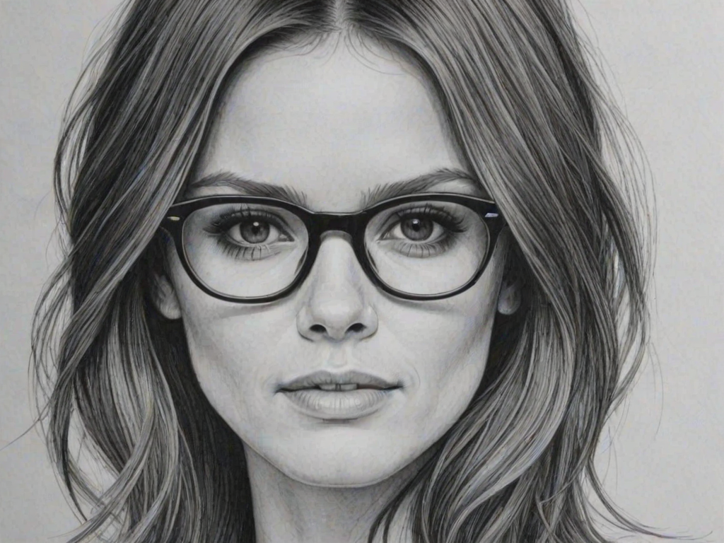 Wonderful Rachel Bilson, pencil sketch, portrait of Wonderful woman 1967s in glasses, hair style beatnik, outline, clear lines, fine lines, 8k