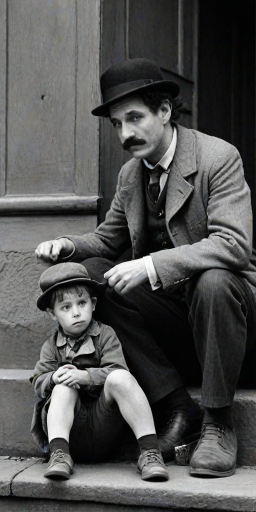 A black-and-white photograph of a man and a child sitting on steps in front of a doorway. The man is dressed as a tramp with a bowler hat, mustache, and ragged clothes, reminiscent of Charlie Chaplin's iconic look. He is sitting with his arms crossed and an expression of slight sadness or frustration. Next to him is a young boy, also in worn clothes and a cap, sitting with his hands clasped, looking thoughtful. The background is an old, textured wall and a partially open door, creating a vintage, early 20th-century atmosphere.
