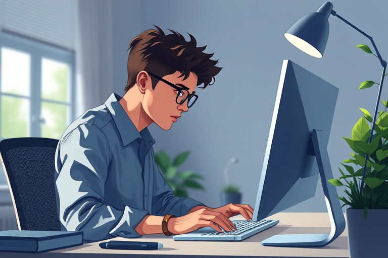 Create a high-resolution digital illustration of a person intently working at a computer, using a modern desk setup, soft natural lighting, 50mm lens, f/2.8 aperture, 1/60s shutter speed, with a slight top-down angle to emphasize their focus on the screen.