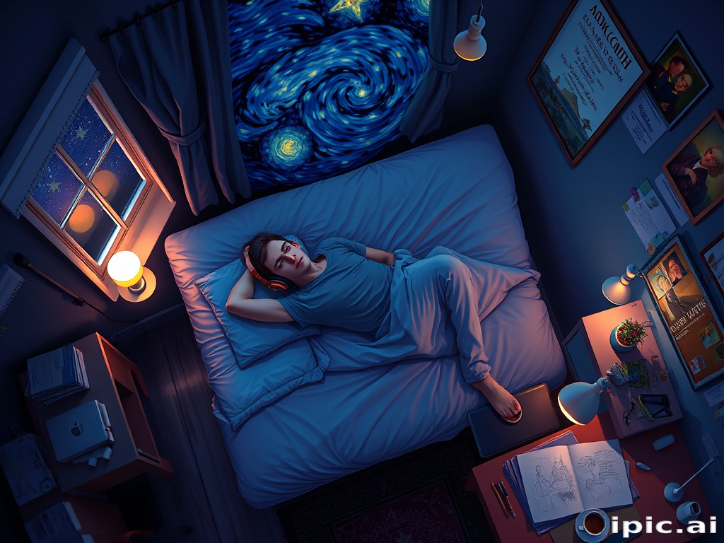 A top-down Van Gogh-style painting of a young man lying on his bed, listening to music with headphones. The room is softly lit with deep blues and purples, creating a peaceful nighttime atmosphere. The bed has a soft pillow, and the man's arms are resting behind his head. Around the bed, various glowing gadgets such as a smartphone, a laptop, and a small lamp are visible, casting a gentle light. The rest of the bedroom includes a desk with books, a chair, and a small rug on the floor. A window near the bed reveals a starry night sky with swirling stars, reminiscent of Van Gogh's 'Starry Night.' On the desk, there is a sketchbook with colorful drawings, a cup of coffee steaming gently, and a small potted plant. The walls have posters of famous paintings and a corkboard with pinned notes and photos. The scene is full of dynamic, swirling brushstrokes, capturing the essence of Van Gogh's unique style. The overall mood is serene and contemplative, with a touch of artistic inspiration.